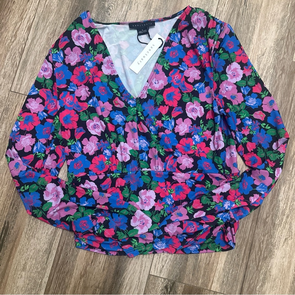 Anthropologie Sanctuary Padded Shoulders Floral Boho Long Sleeve Top Large NWT
